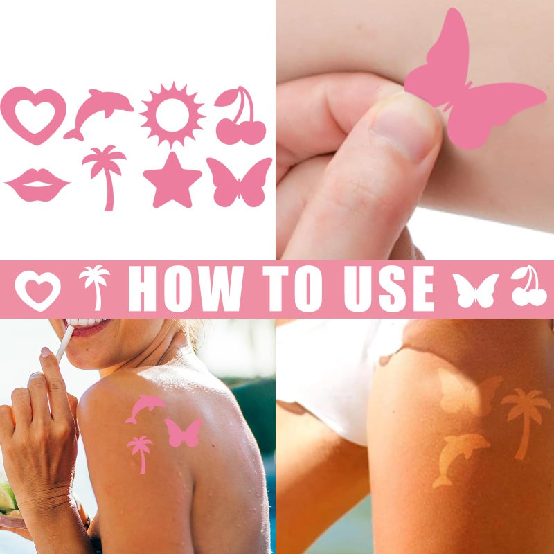 وولاين مجموعة ملصقات تسمير البشرة من والين، 240 قطعة، بتصميمات قلوب، ودلفين، وشمس، وشفاه كرزية، وأشجار، ونجوم، وفراشات، باللون الوردي الفاتح، ذاتية اللصق، مثالية للاستخدام في الصيف، وعلى الشاطئ، وفي الصالونات، والحفلات. - Image 3